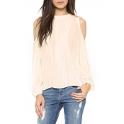 Pink Cold Shoulder Long Sleeve Pleated Blouse