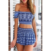 Geometric Print Off the Shoulder Crop Top with Shorts