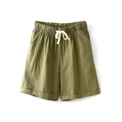 Green Drawstring Waist Boyfriend Style Roll Hem Shorts