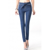 Blue Bow High Waist Fitted Pencil Jeans