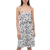 White Background All Over Blue Flora Slip Dress