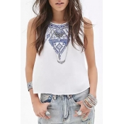 White Sleeveless Ethnic Embroidered Back Buttoned Blouse