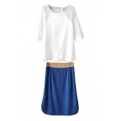 White 1/2 Sleeve Round Neck Top with Blue Contrast Trim Skirt