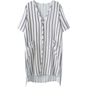 Striped V-Neck Short Sleeve Pocket Dip Hem Shirt