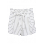 White Vertical Stripe Bow Tie High Waist Casual Shorts