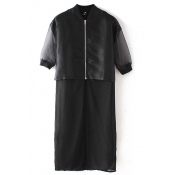 Black 1/2 Sleeve Stand Collar Zipper Fly Organza Longline Coat