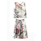 Ink Color Leaves Print Sleeveless Top with Skirt Co-ords