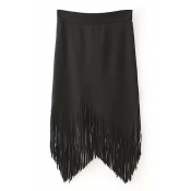 Black Asymmetric Tassel Hem Midi Skirt