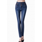 High Waist Light Wash Buttons Fitted Jeans