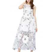 White Sleeveless Organza Flower Print A-line Longline Dress