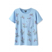Round Neck Floral Print Pocket T-Shirt
