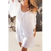 White Cold Shoulder Loose Pleated Mini Beach Dress