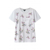 White Round Neck Short Sleeve Floral Print T-Shirt