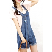 Denim Short Overalls with Double Pockets Front