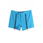 Blue Double Zipper Front High Waist Wide Leg Shorts