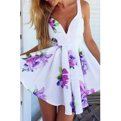 Purple Floral Print Straps Asymmetrical Hem Dress