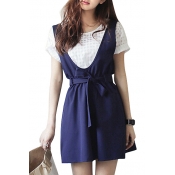 Dark Navy A-line Overall Dress with White Short Sleeve Top Co-ords