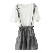 White 1/2 Sleeve Top with Gray Overall Skirt Co-ords
