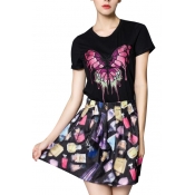 Black Butterfly Embroidered Round Neck T-Shirt