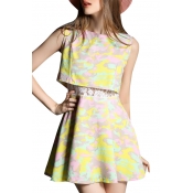 Colorful Camouflage Print Lace Inset Inside Fake Two-piece Dress