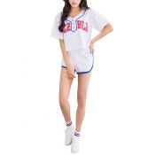 White Top and Shorts Letters Contrast Trim Sports Style Co-ords