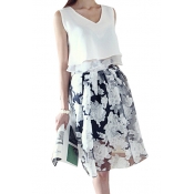 Chiffon V-Neck Sleeveless Top with Organza Flower Midi Skirt Co-ords