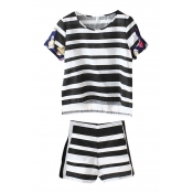 White&Black Stripe Short Sleeve Top with Shorts Co-ords