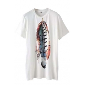 White Short Sleeve Single Feather Print Midi T-Shirt