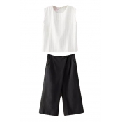 White Sleeveless Stripe Top with Black Crop Pants Co-ords