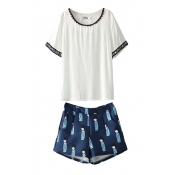 White Embroidered Trim Top with Cartoon Kid Print Shorts Co-ords