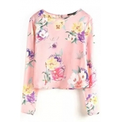 Floral Print Round Neck Long Sleeve Crop Blouse