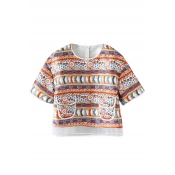 Multi Color Ethic Tribal Pattern Short Sleeve Crop Blouse