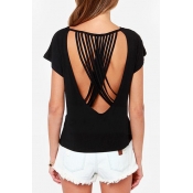 Black Round Neck Short Sleeve Multi Spaghetti Cross Cutout T-Shirt