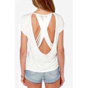 White Round Neck Short Sleeve Multi Spaghetti Cross Cutout T-Shirt