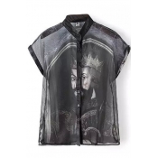 Black Short Sleeve Stand Collar King Print Chiffon Sheer Shirt