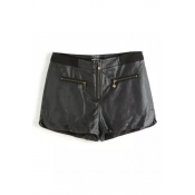 Black PU Zipper Front Elastic Split Shorts