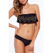 Black Ruffle Layer Wave Pattern Tie Back Bikini