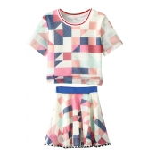 Multi Geometry Square Pattern Top with Skirt Co-ords