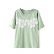 Green Short Sleeve Romantic Blossom Lace Insert T-Shirt