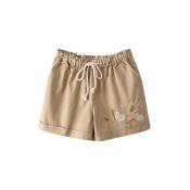 Carrot and Rabbit Embroidered Elastic Waist Cotton Shorts