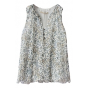 V-Neck Sleeveless Floral Print Blouse with Button