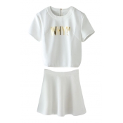 White Short Sleeve Gold Letters Top with Skirt Co-ords