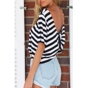 Striped Round Neck Short Sleeve Twisted Back Tee