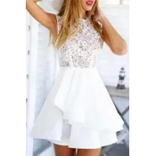 White Round Neck Sleeveless Lace Inserted Full Dress