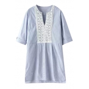 Blue V-Neck Half Sleeve Lace Embroidered Dress