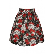 Rose and Skull Print Casual A-Line Skirt