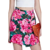 Floral Painting Single Breast Pockets Skirt