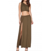One-Shoulder Crop Top with Front Split Ruched Co-ords