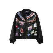 Embroidered Pattern Stand Collar Long Sleeve Jacket