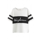 Stripe Print Letter Embroidered Fitted T-Shirt